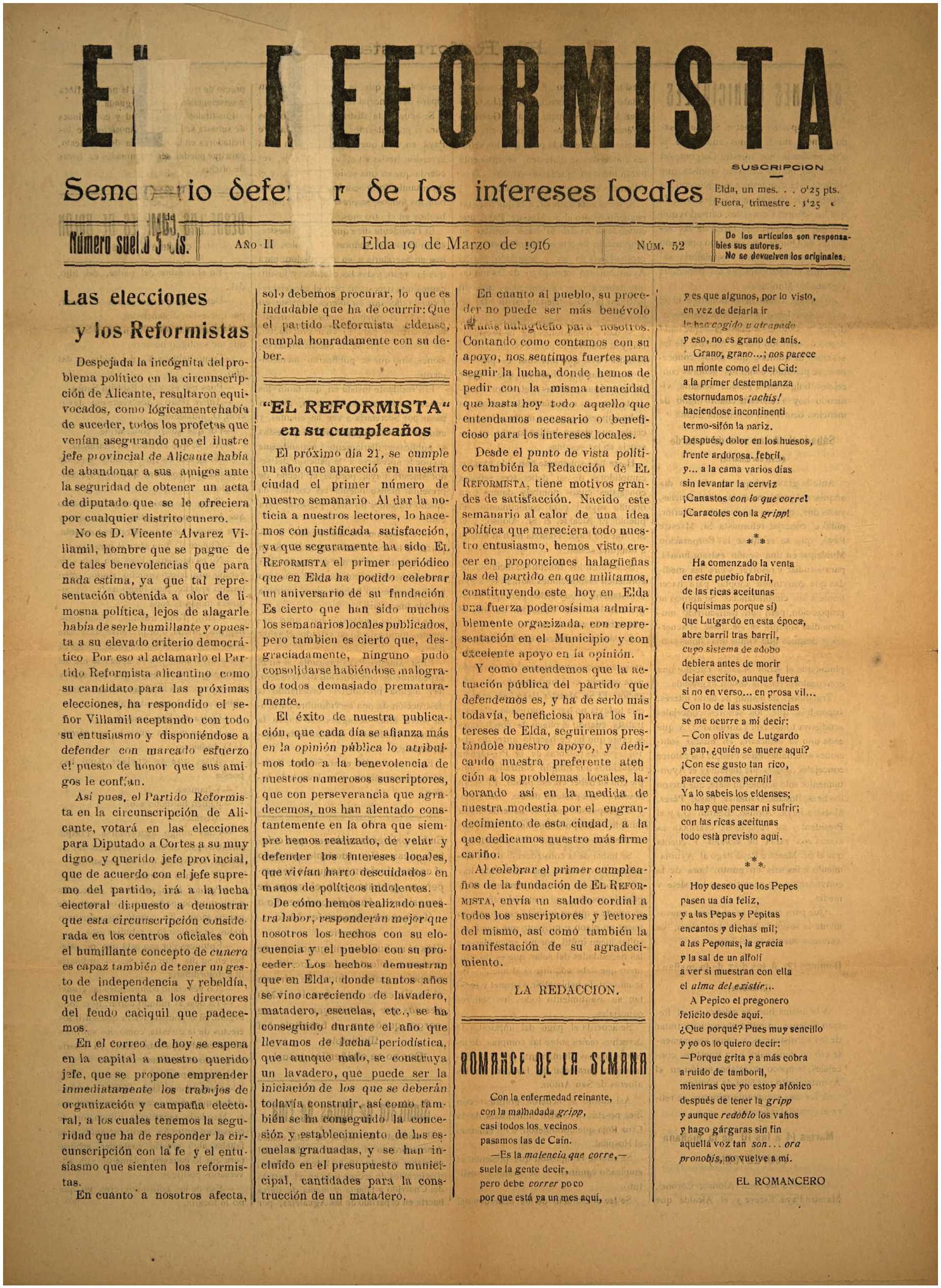 EL REFORMISTA Nº 52 AÑO 1916